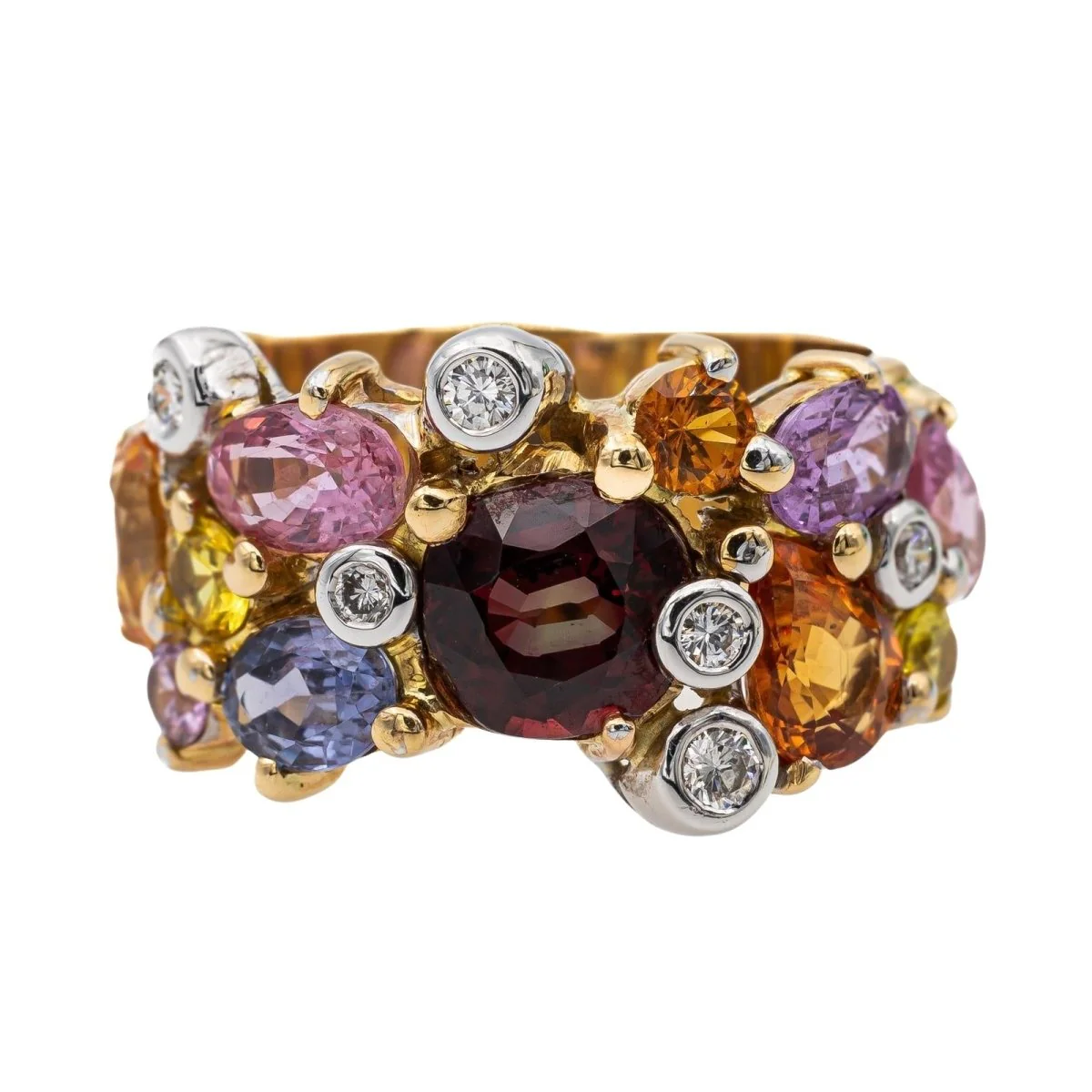 Bague Bandeau en or jaune, grenat, saphirs et diamants