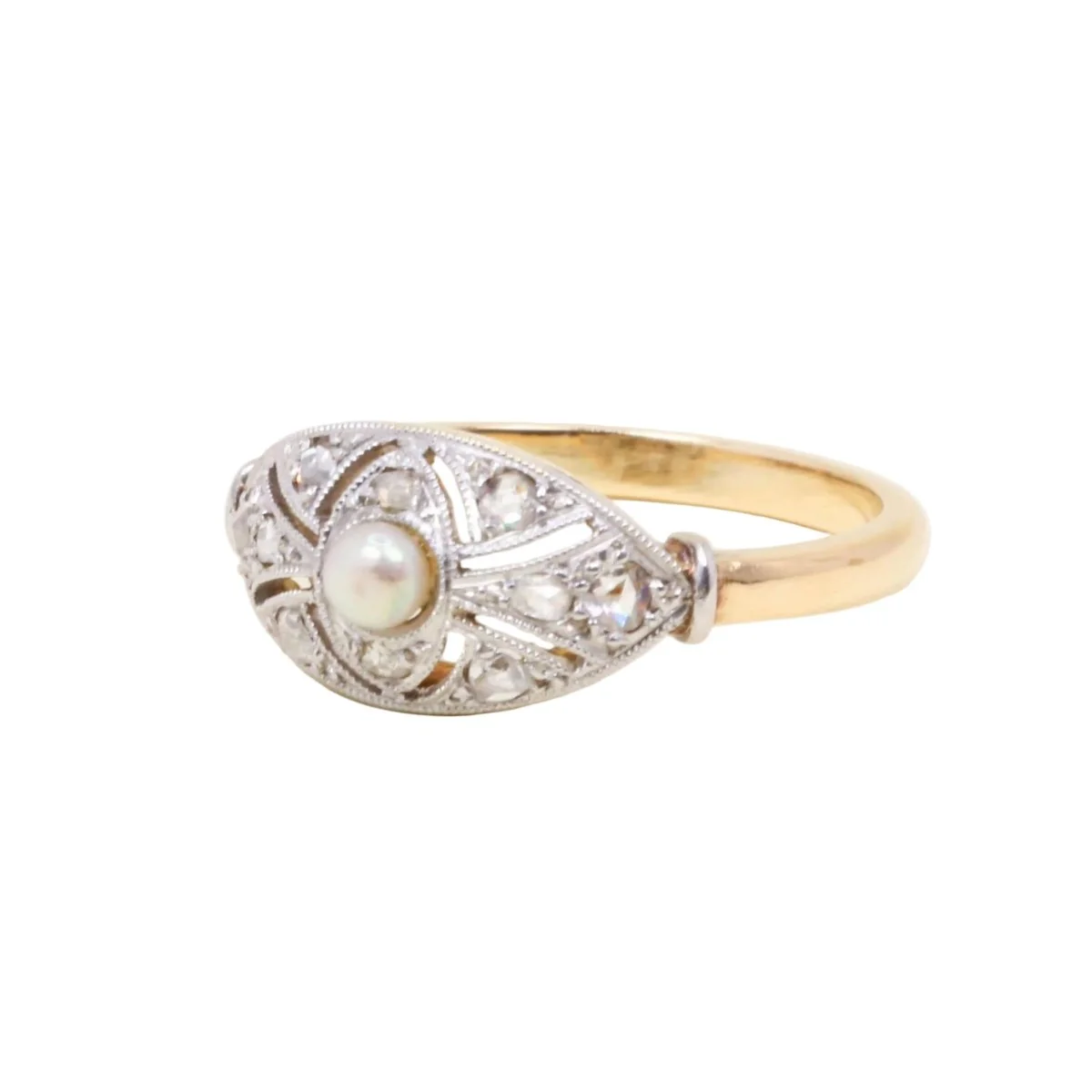 Bague Pavée en or jaune, platine, perle et diamants - Image 3