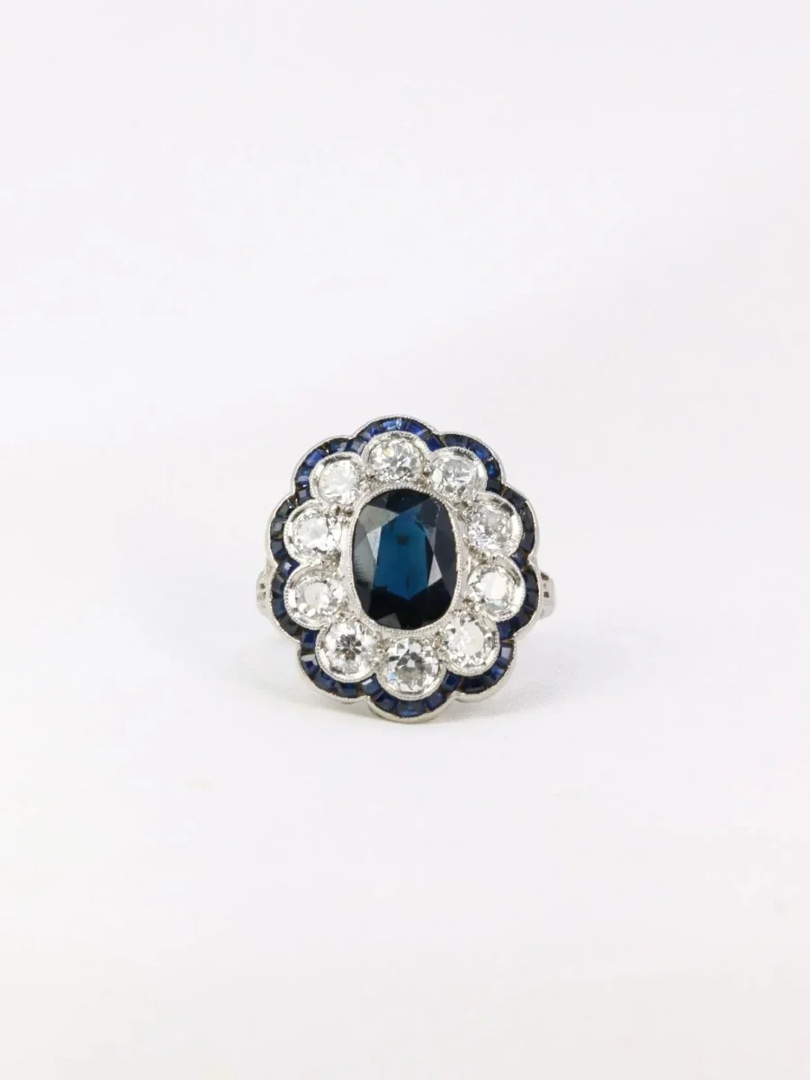 Bague Belle Epoque en platine, saphir et diamants