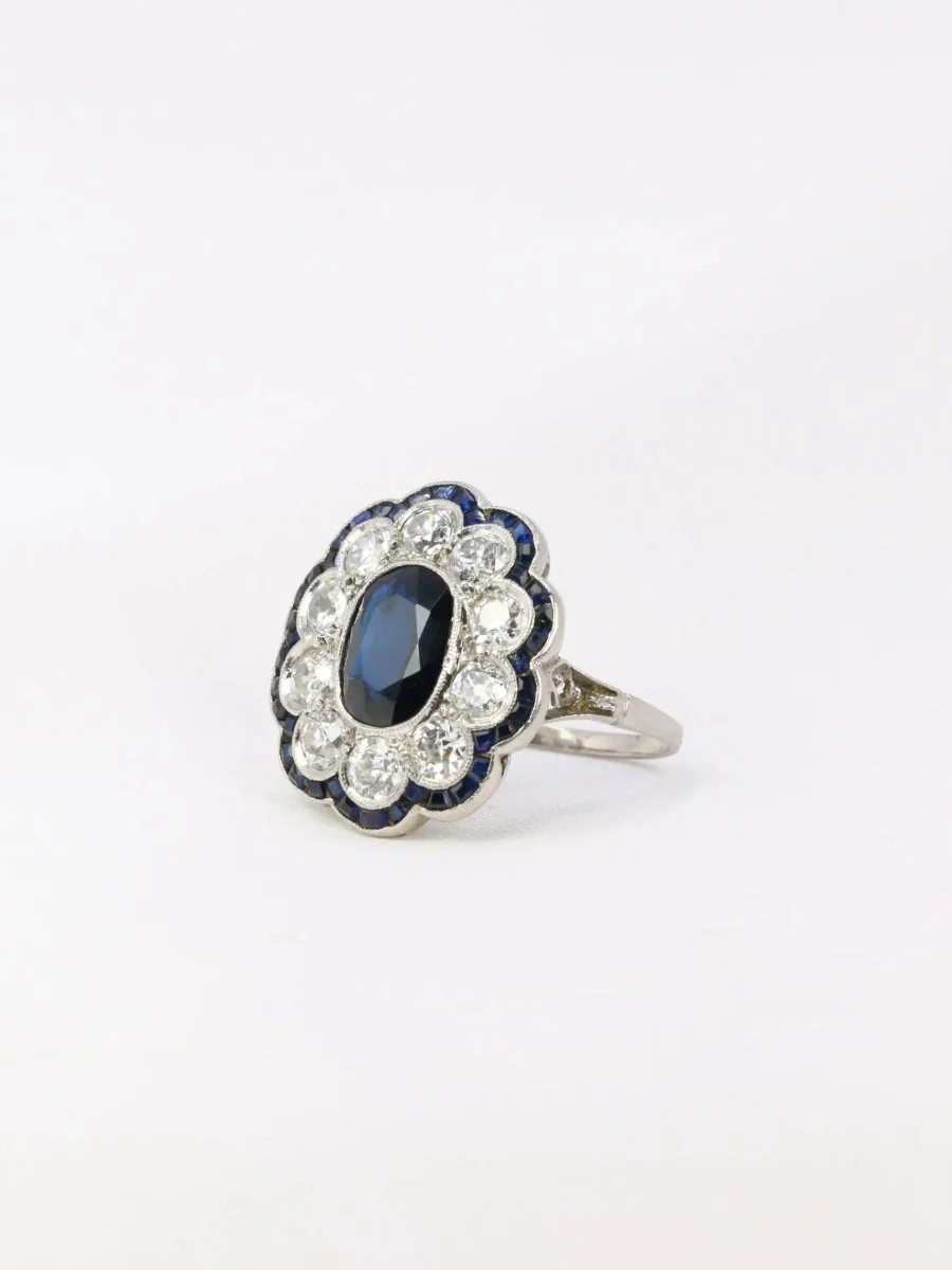 Bague Belle Epoque en platine, saphir et diamants - Image 3