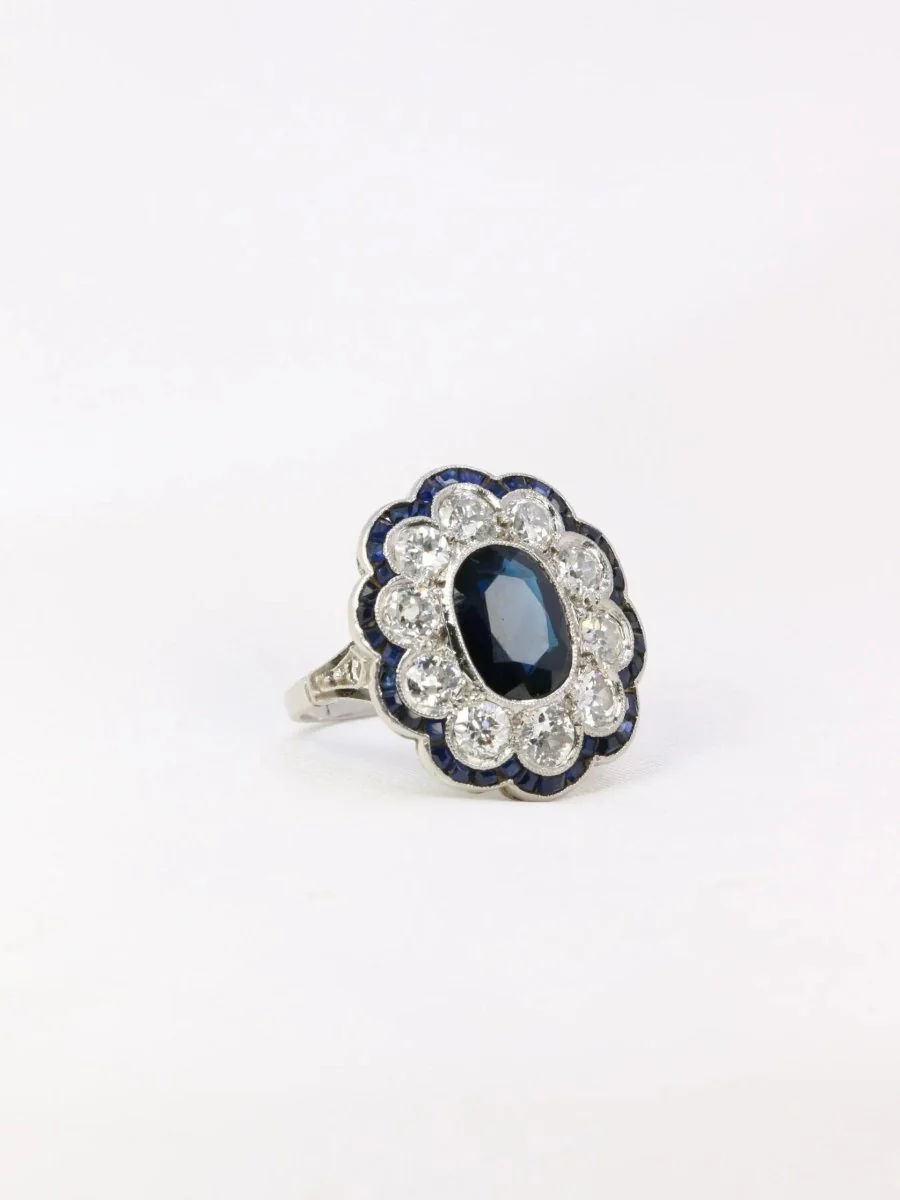 Bague Belle Epoque en platine, saphir et diamants - Image 7