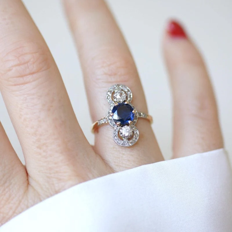 Bague Belle Epoque Saphir 1,18 Cts et Diamants - Image 10
