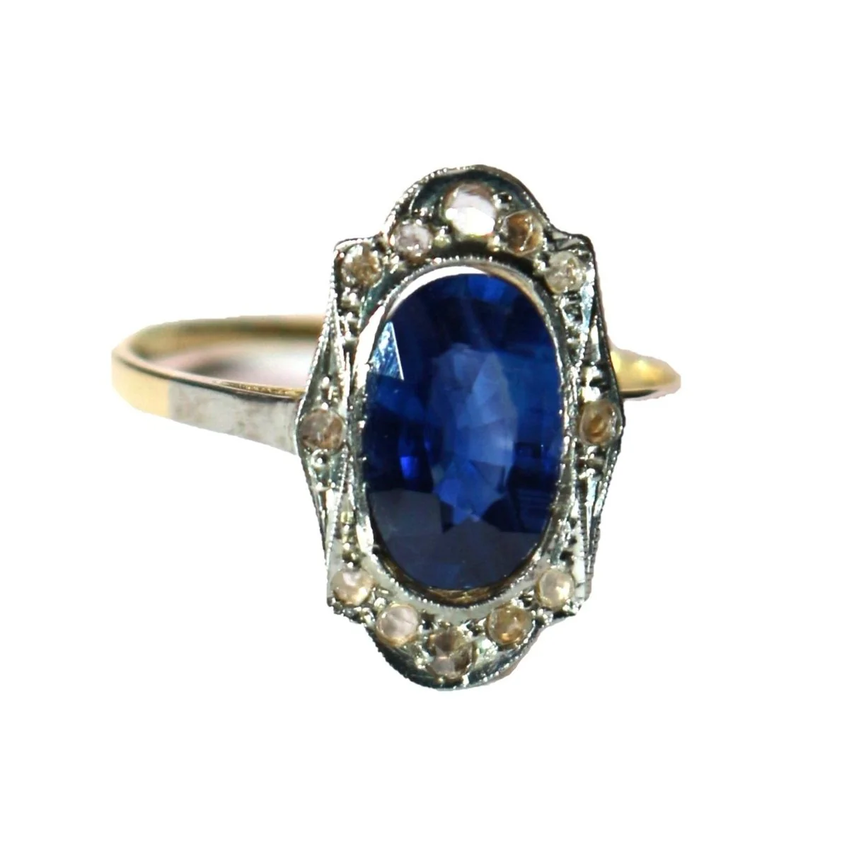 Bague Entourage en or jaune, or blanc, saphir et diamants