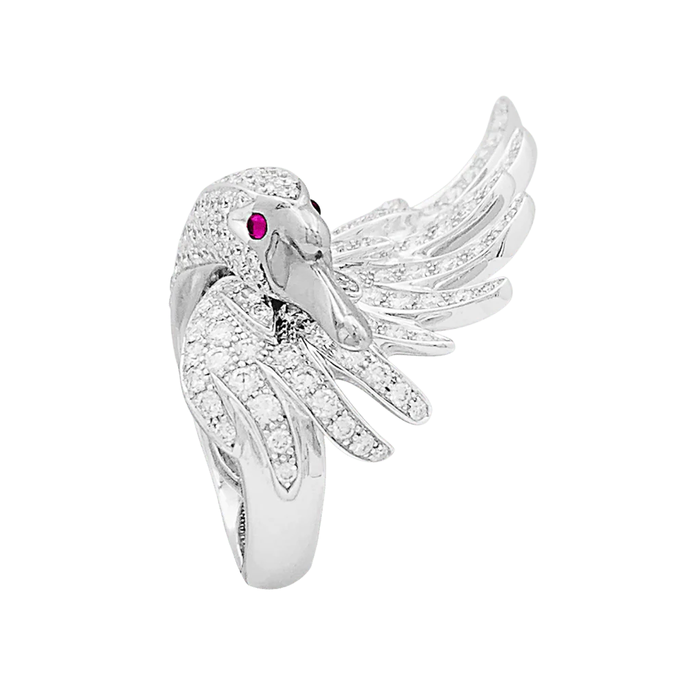 Bague Cocktail BOUCHERON "Cypris le Cygne" en or blanc, rubis et diamants
