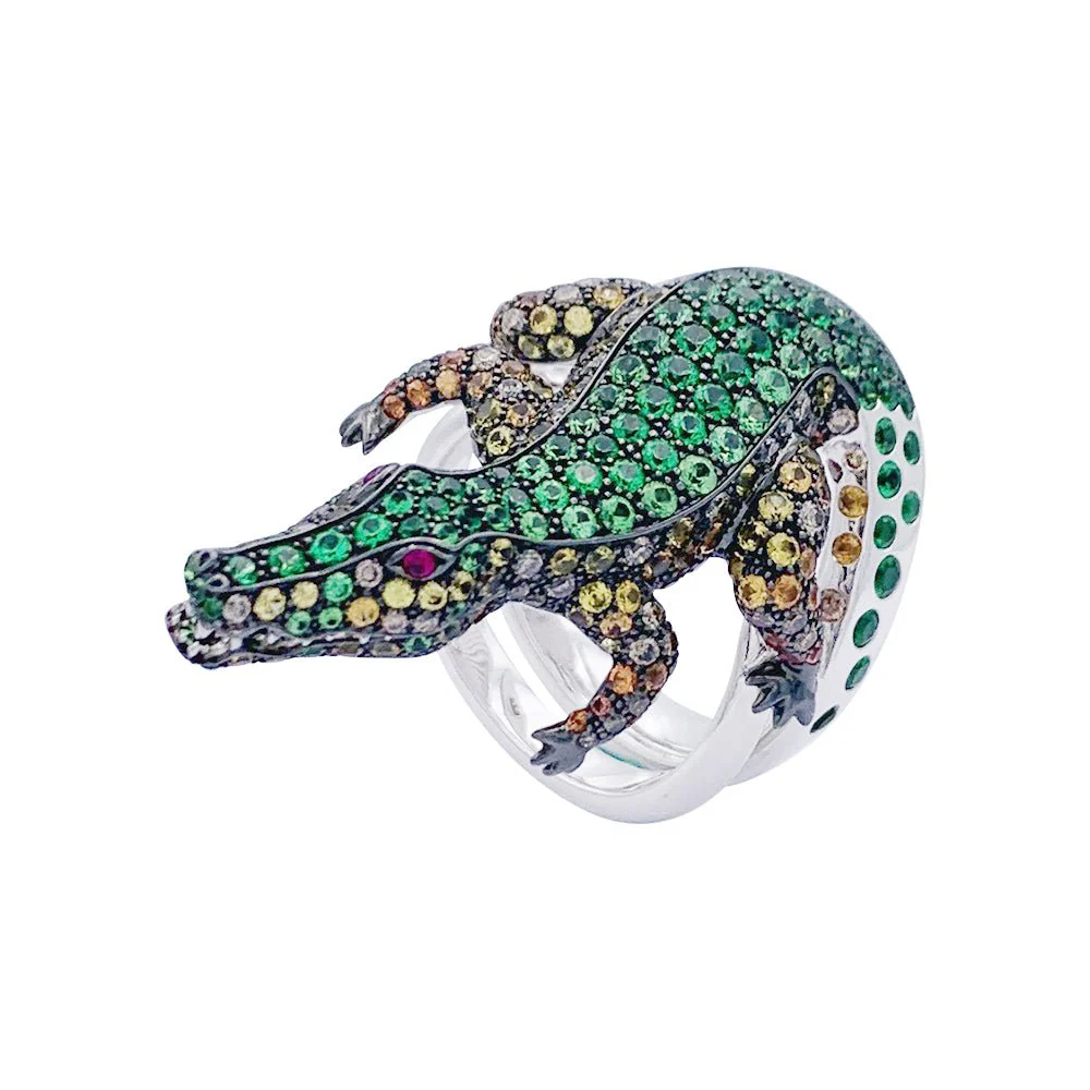 Bague Boucheron Crocodile en or blanc, sertie de diamants et pierres de couleur - Image 4