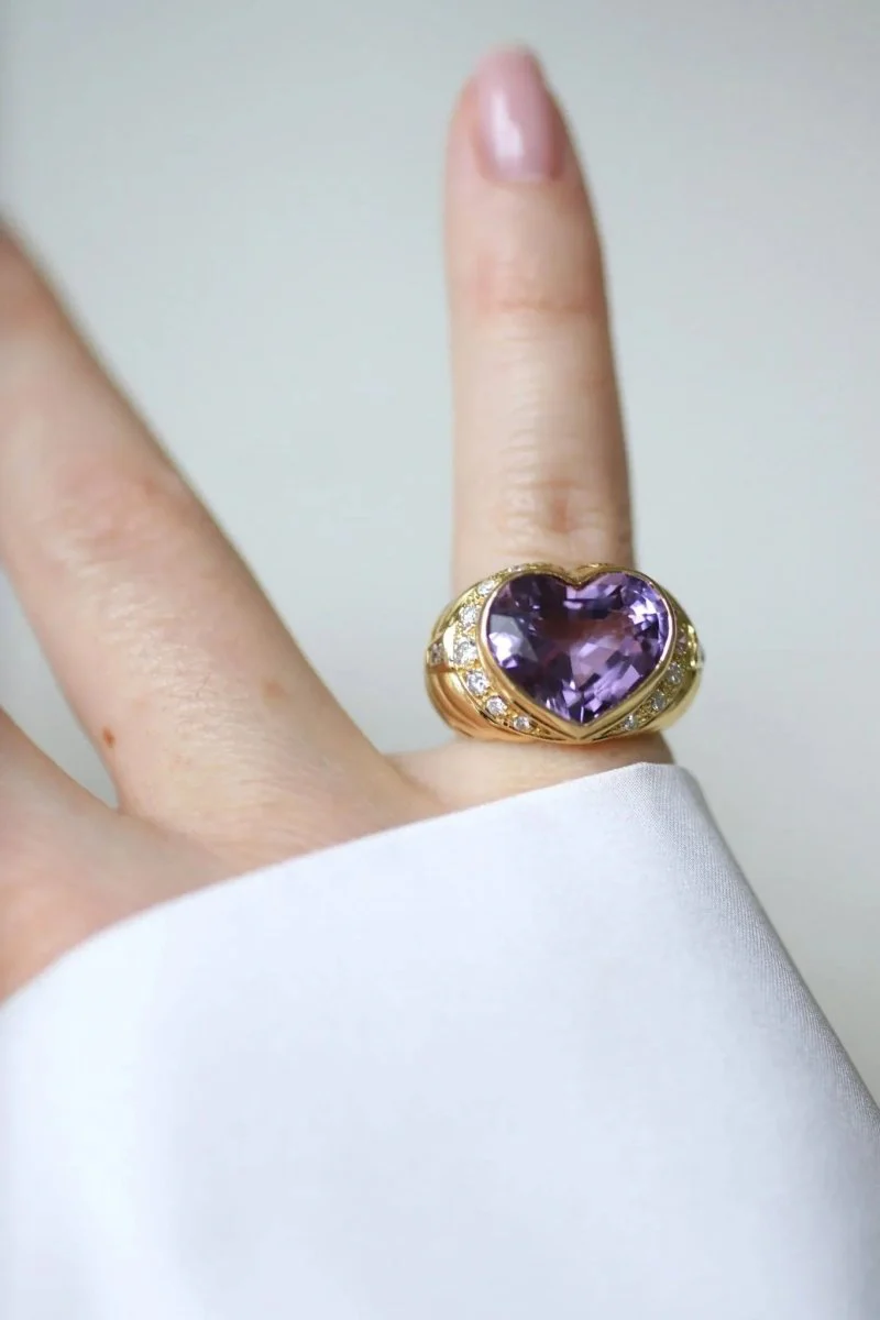 Bague Boule Coeur Améthyste et Diamants sur Or Jaune - Image 10
