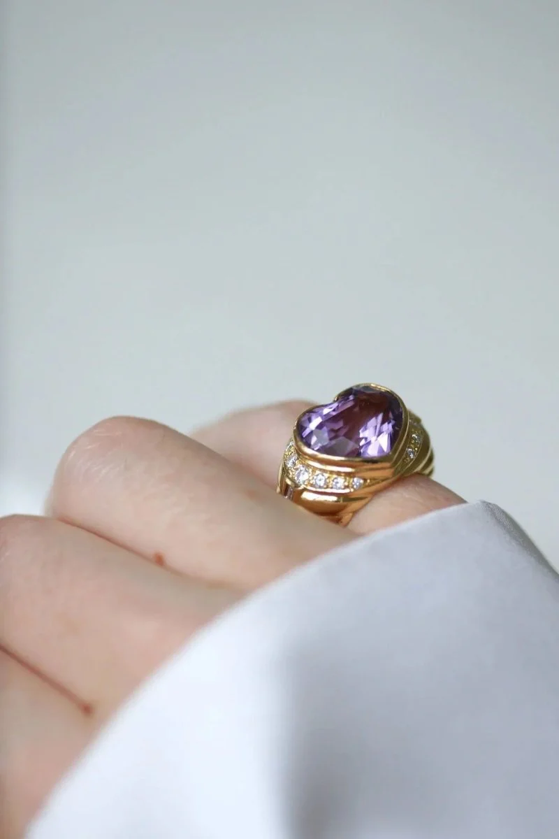 Bague Boule Coeur Améthyste et Diamants sur Or Jaune - Image 2