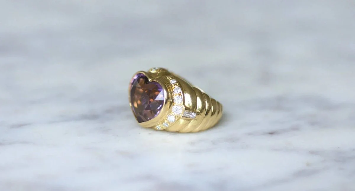 Bague Boule Coeur Améthyste et Diamants sur Or Jaune - Image 3
