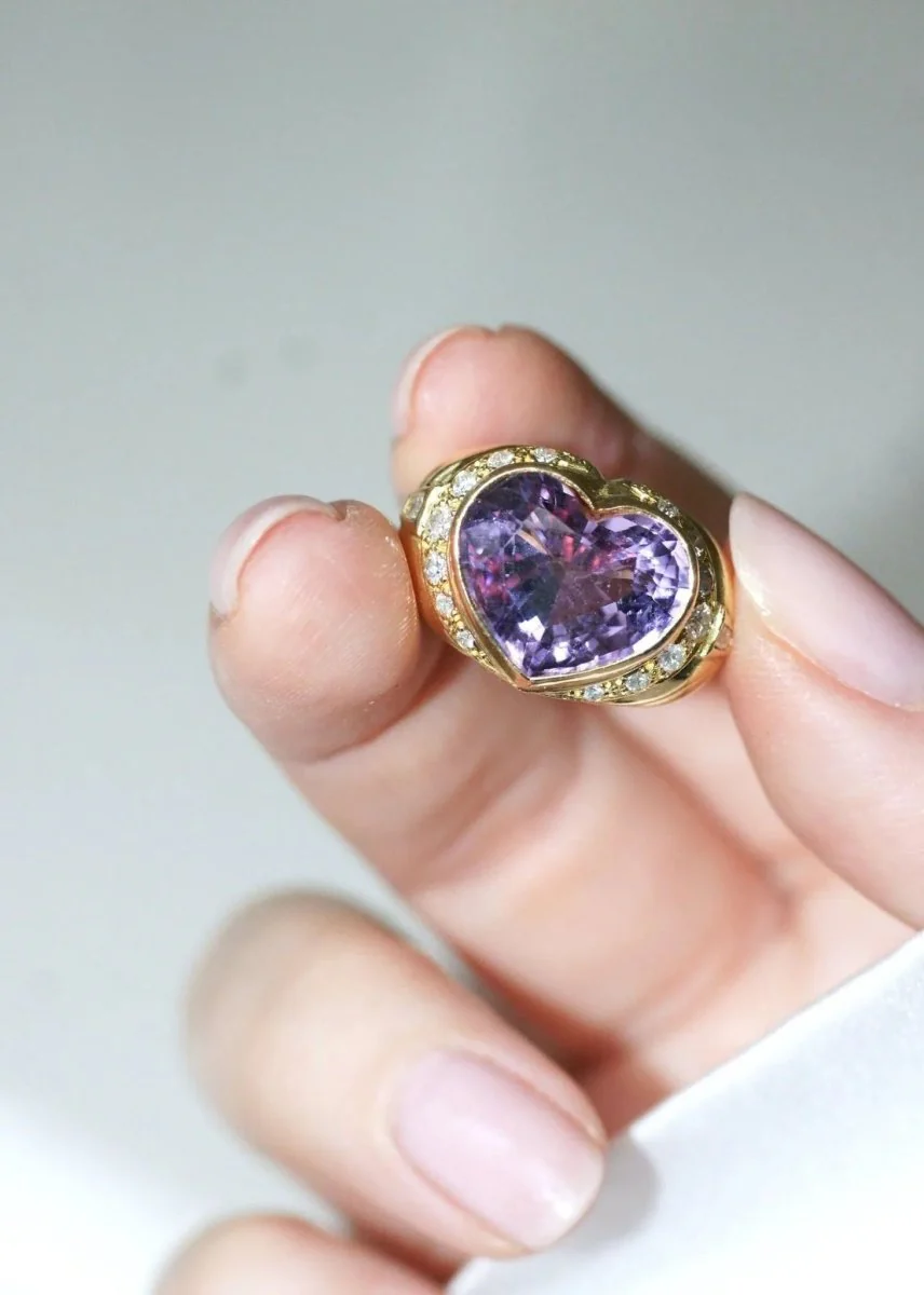 Bague Boule Coeur Améthyste et Diamants sur Or Jaune - Image 4