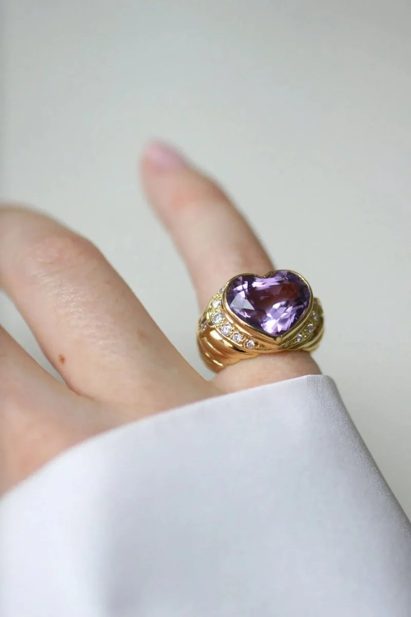 Bague Boule Coeur Améthyste et Diamants sur Or Jaune - Image 6