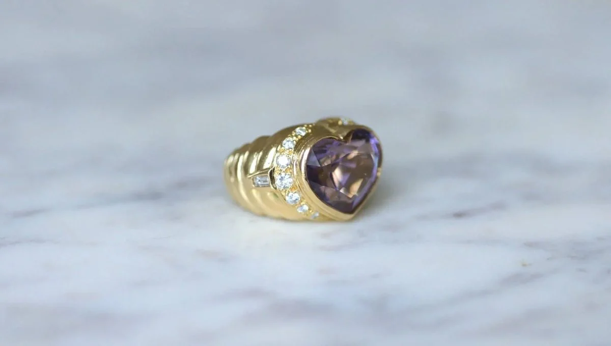 Bague Boule Coeur Améthyste et Diamants sur Or Jaune - Image 7