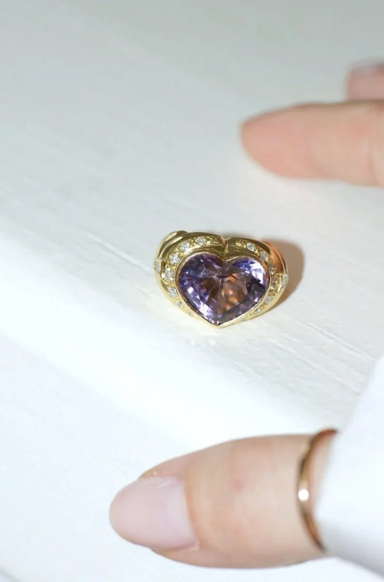 Bague Boule Coeur Améthyste et Diamants sur Or Jaune - Image 8