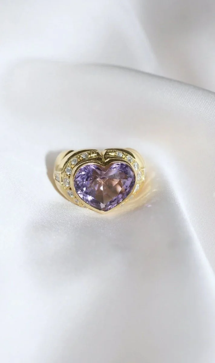 Bague Boule Coeur Améthyste et Diamants sur Or Jaune - Image 9