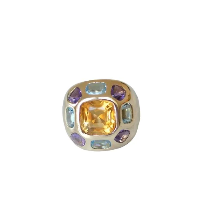 Bague boule or citrine topaze bleue améthyste