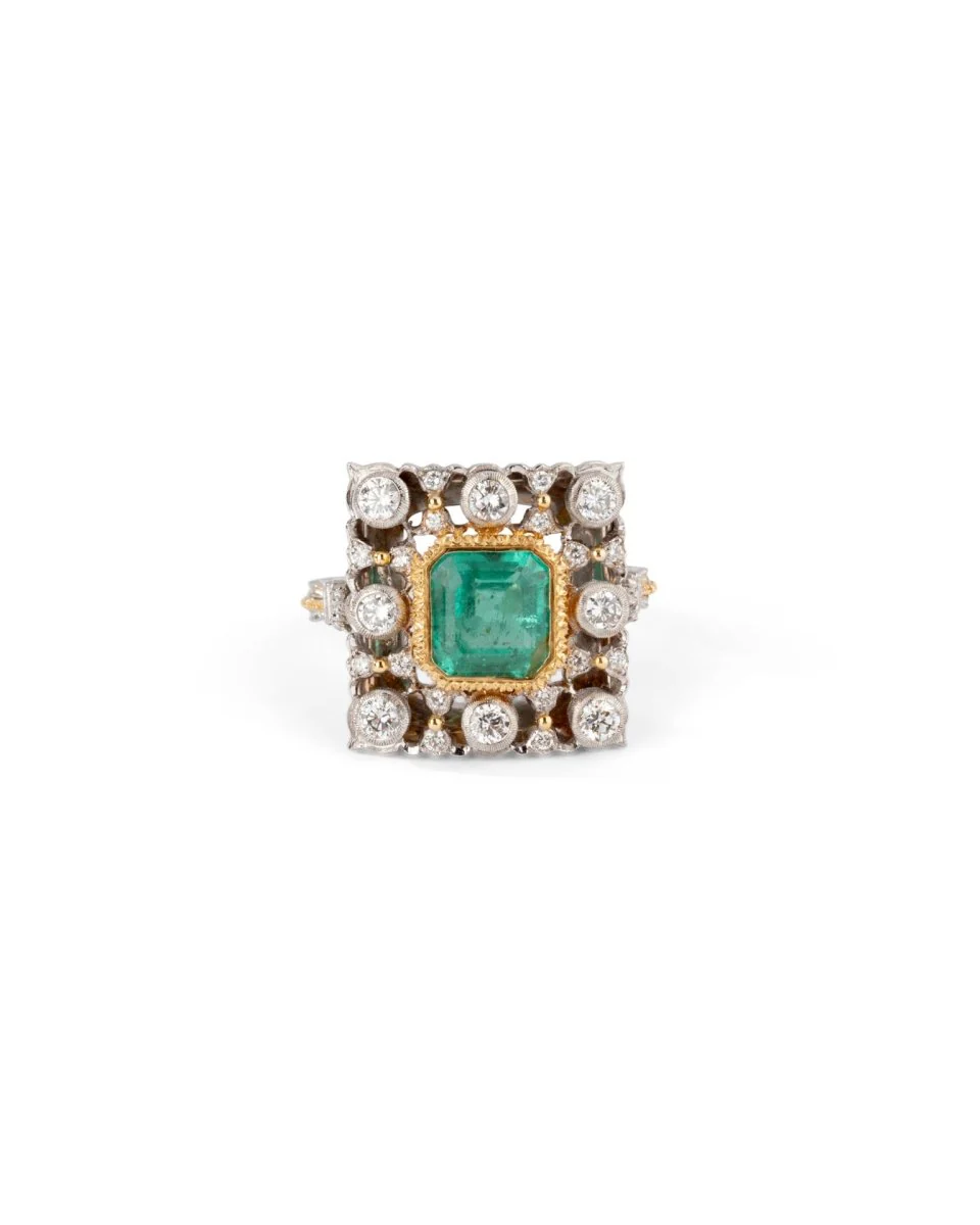 Bague BUCCELLATI en or jaune, or blanc, émeraude et diamants