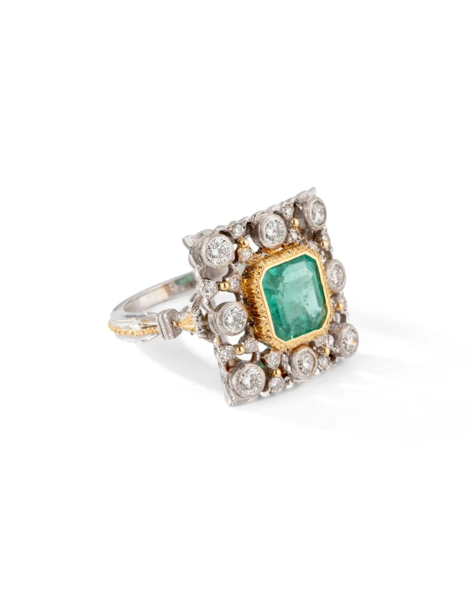 Bague BUCCELLATI en or jaune, or blanc, émeraude et diamants - Image 3