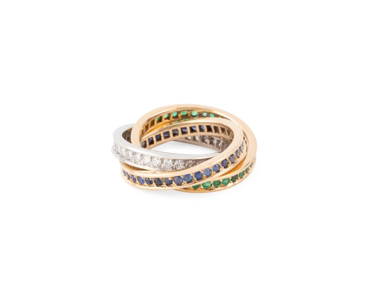 Bague CARTIER "Trinity" en or jaune, émeraudes, saphirs et diamants