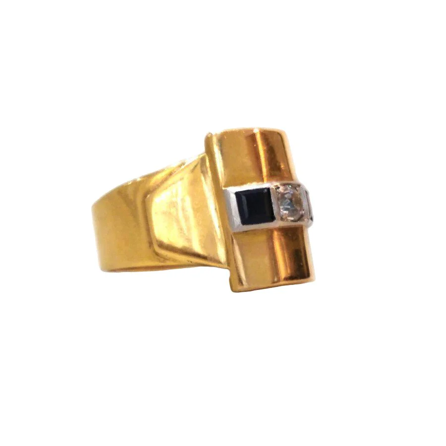 Bague Chevalière en or jaune, saphirs et diamant - Image 4