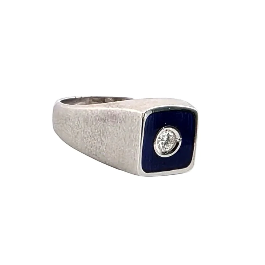 Bague Chevalière en or blanc, émail et diamant - Image 4
