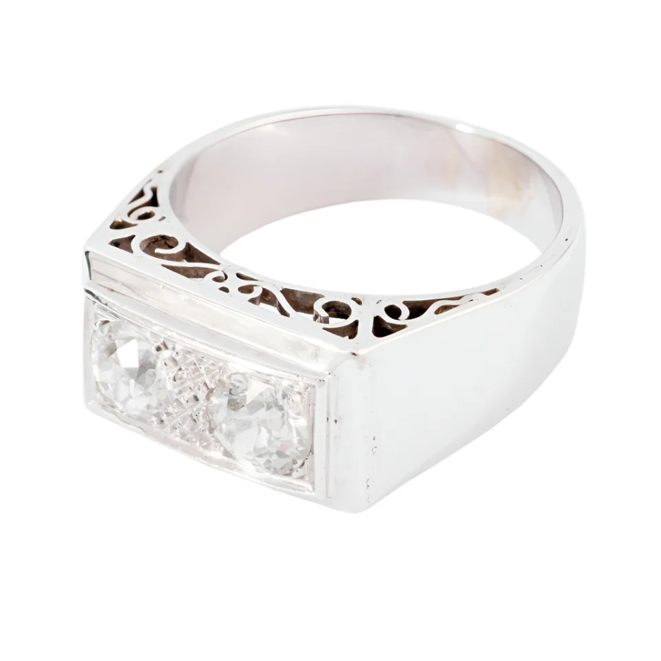 Bague Chevalière en or blanc, platine et diamants - Image 7