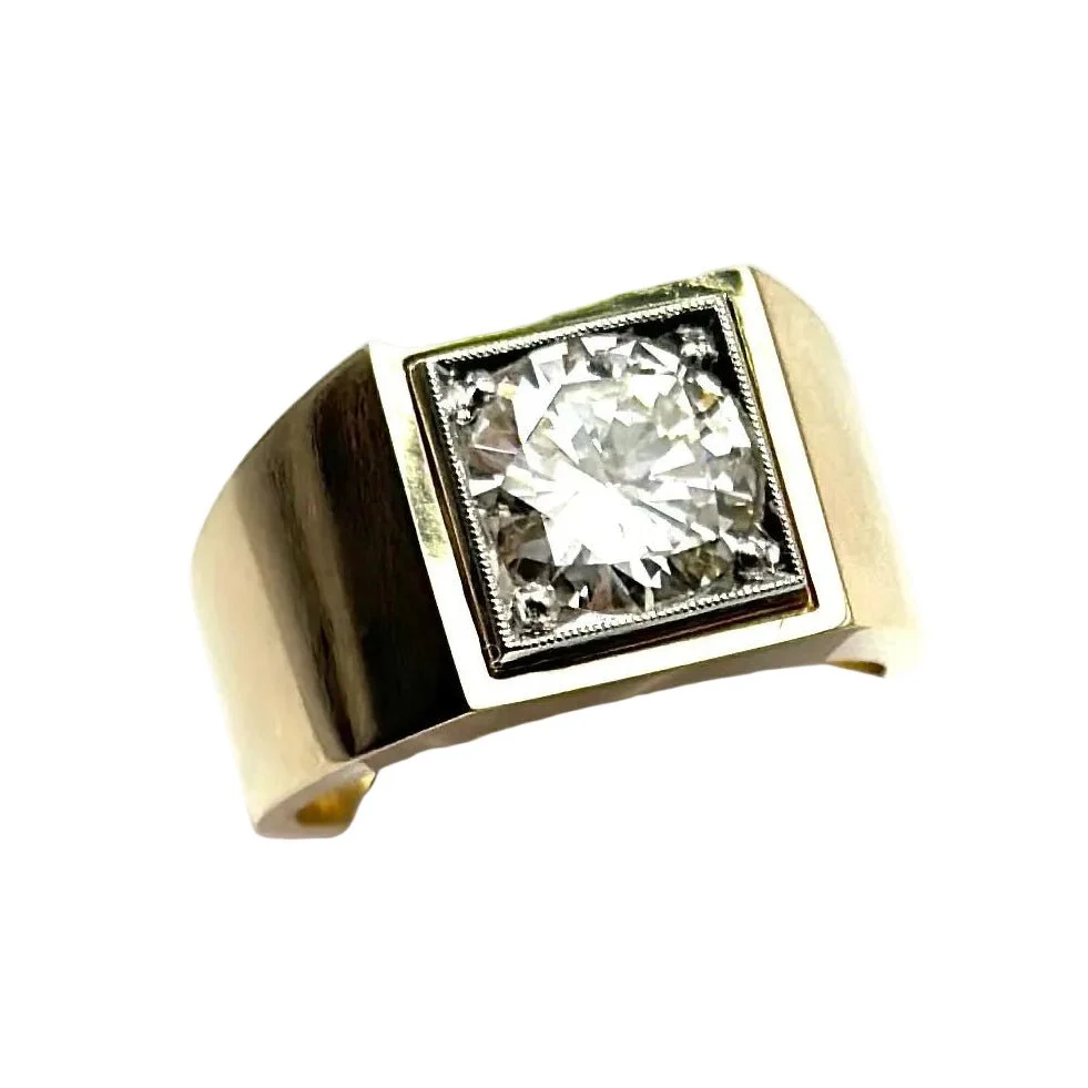 Bague Chevalière en or jaune, platine et diamants - Image 10