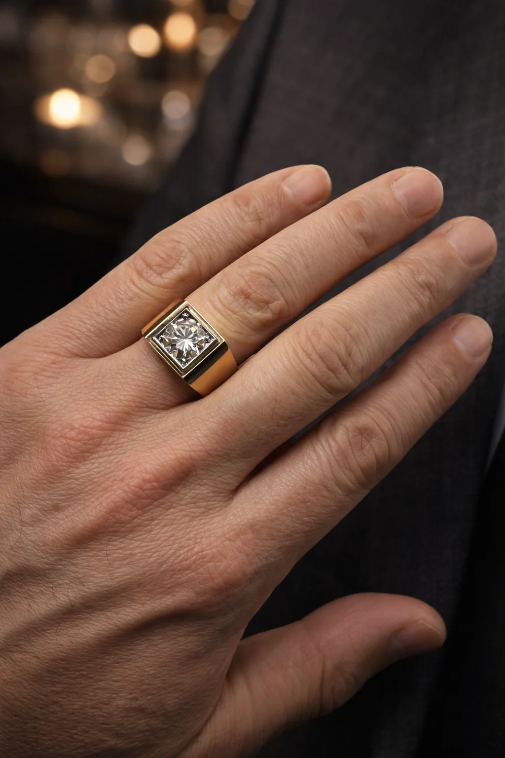 Bague Chevalière en or jaune, platine et diamants - Image 2