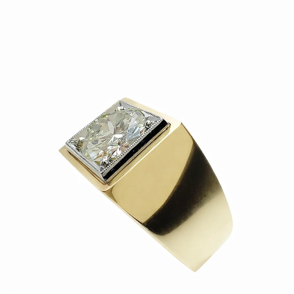 Bague Chevalière en or jaune, platine et diamants - Image 3