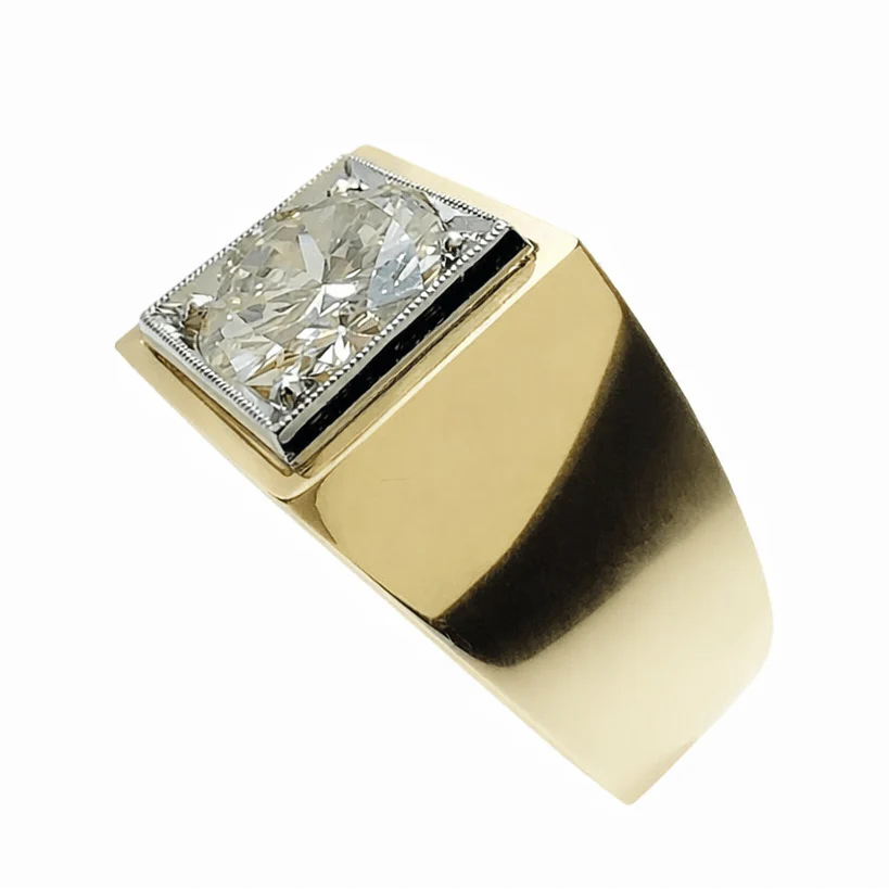 Bague Chevalière en or jaune, platine et diamants - Image 8