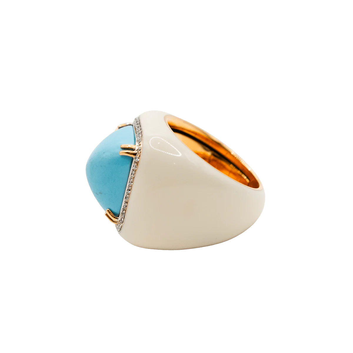 Bague Chevalière en or jaune, turquoise et diamants - Image 3