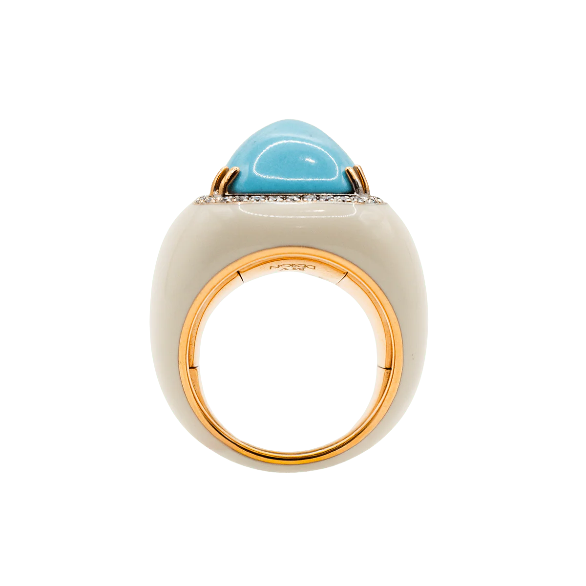 Bague Chevalière en or jaune, turquoise et diamants - Image 5