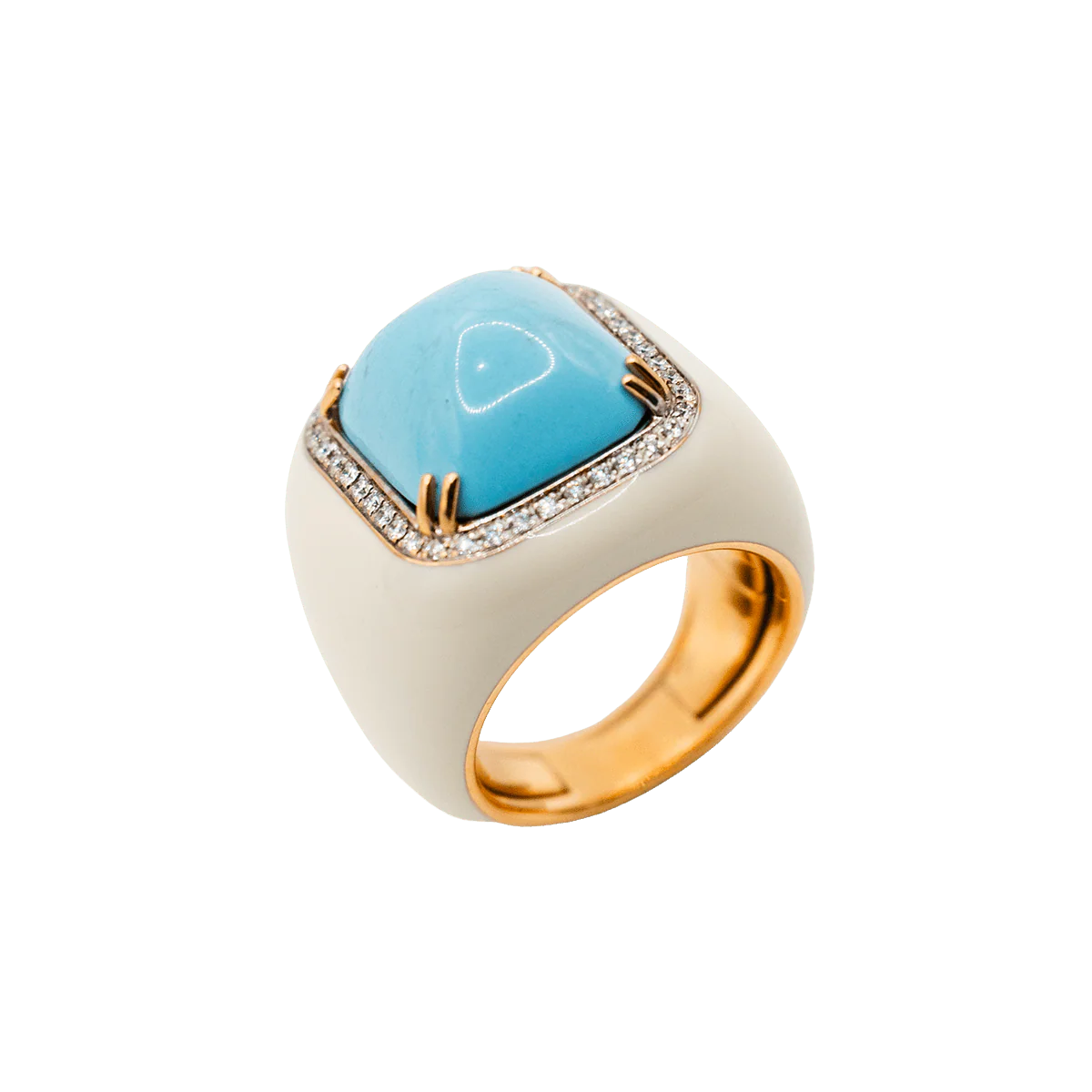 Bague Chevalière en or jaune, turquoise et diamants - Image 6