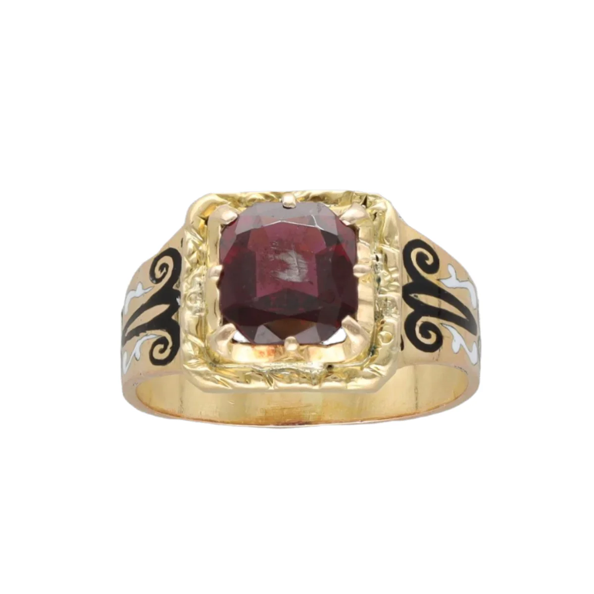 Bague Chevalière en or jaune, émail et grenat