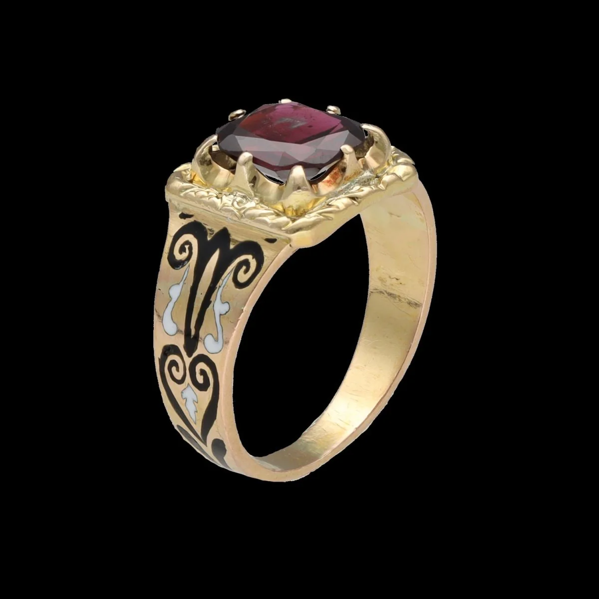 Bague Chevalière en or jaune, émail et grenat - Image 3