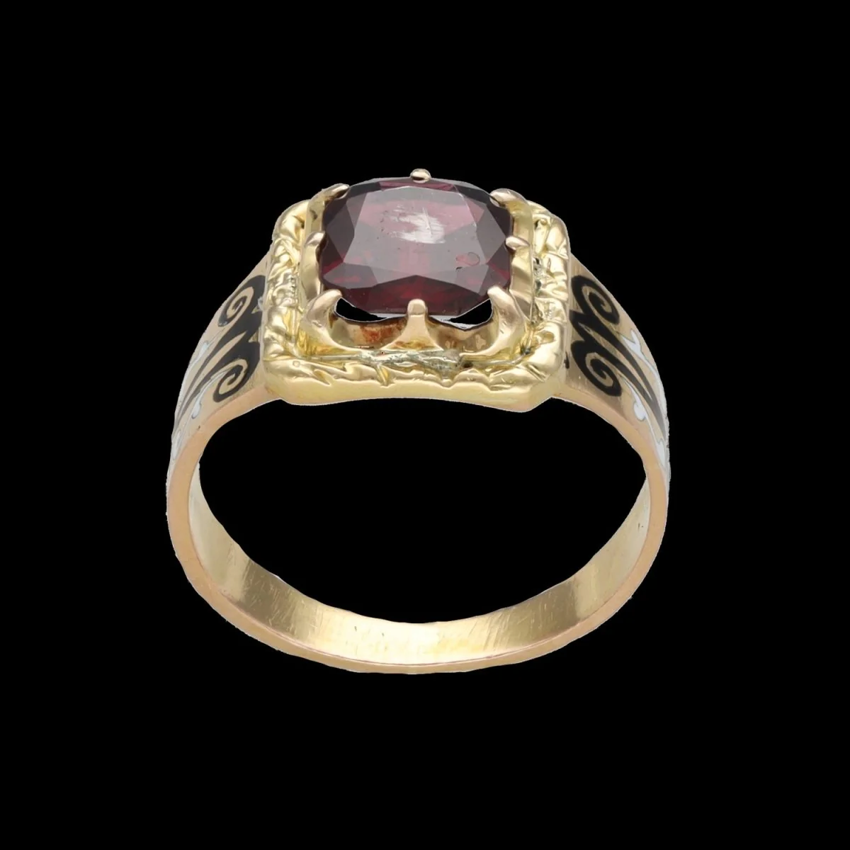 Bague Chevalière en or jaune, émail et grenat - Image 5