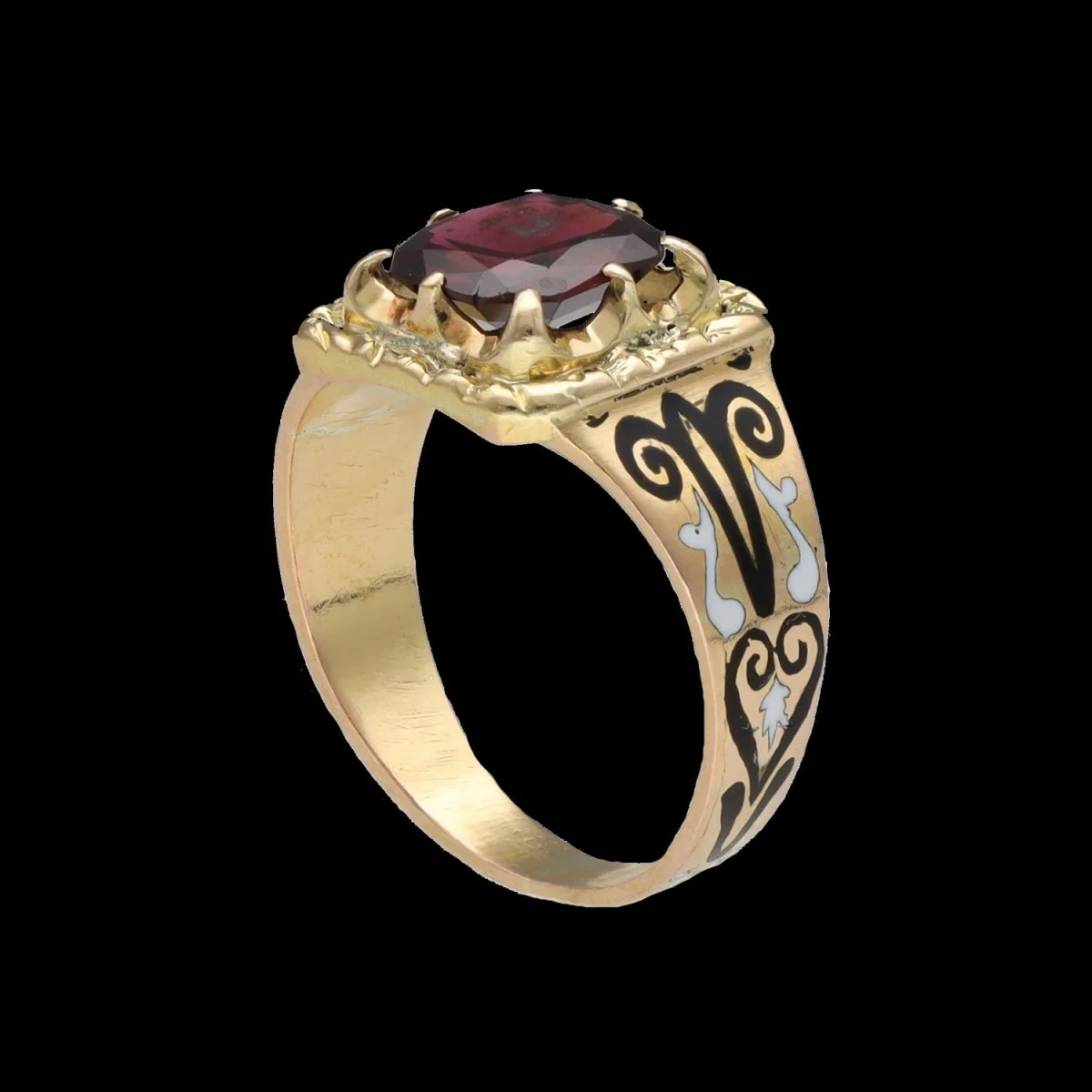 Bague Chevalière en or jaune, émail et grenat - Image 7