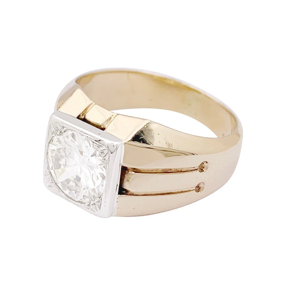 Bague chevalière en or jaune et blanc et diamant - Image 3