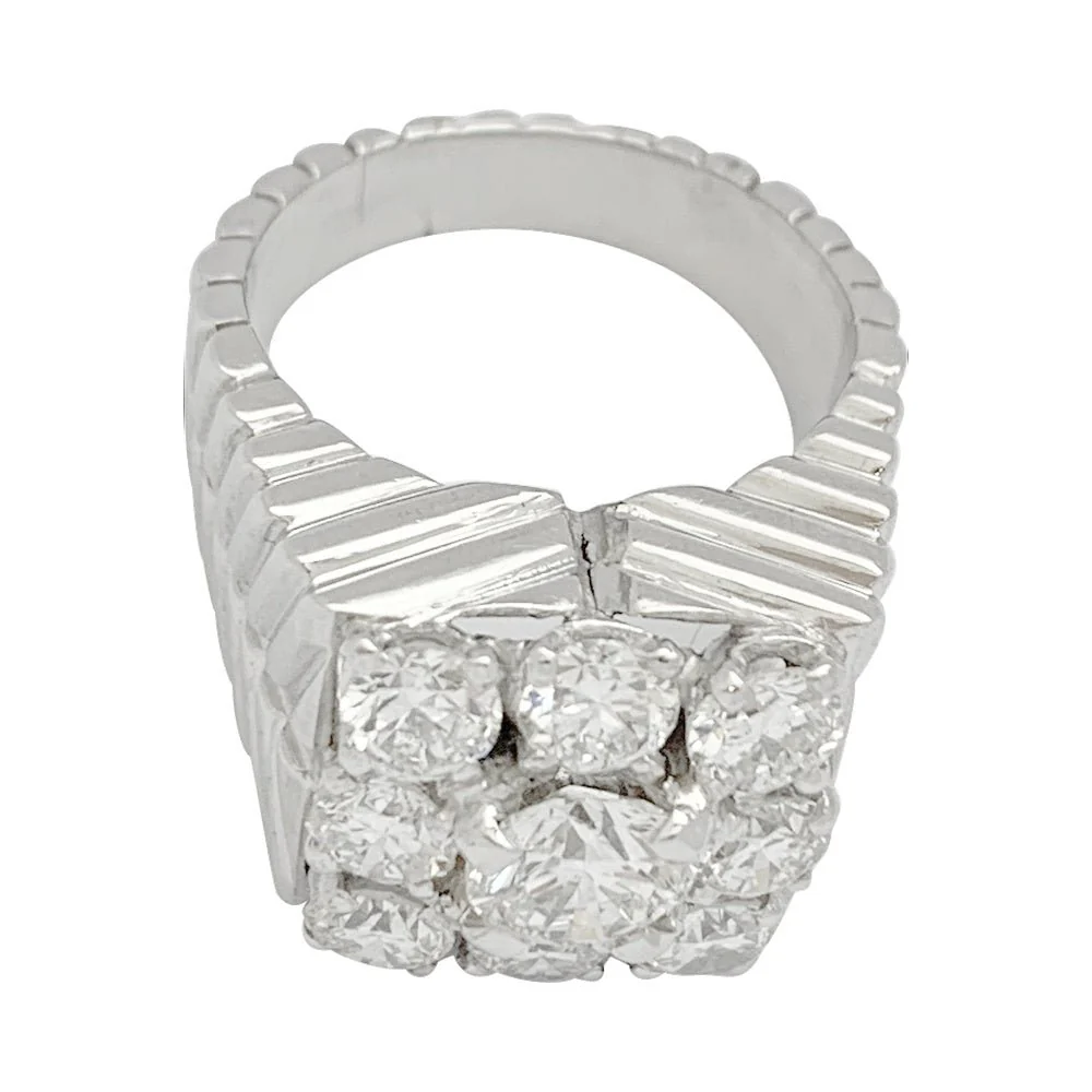 Bague chevalière vintage, platine et diamants - Image 2