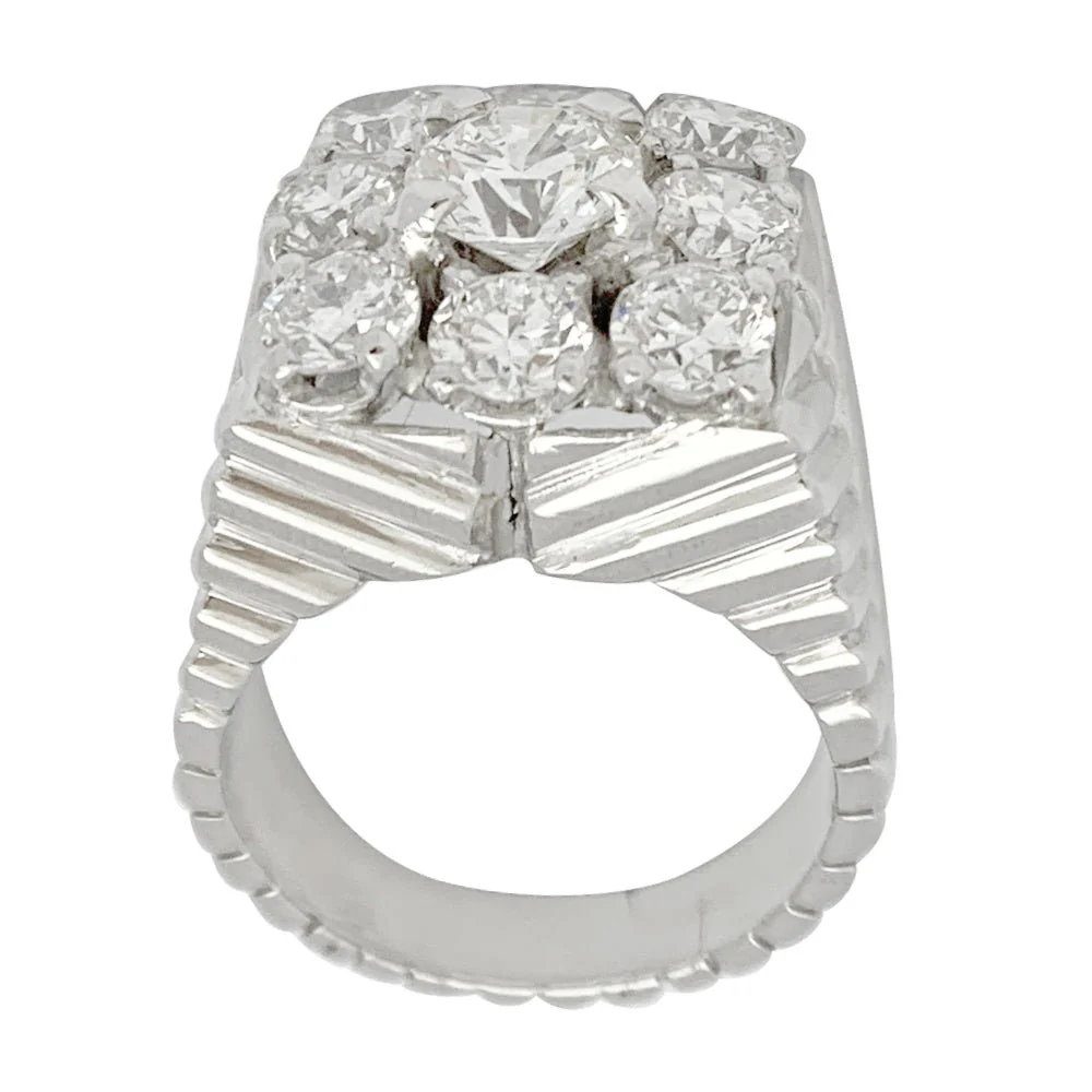 Bague chevalière vintage, platine et diamants - Image 3