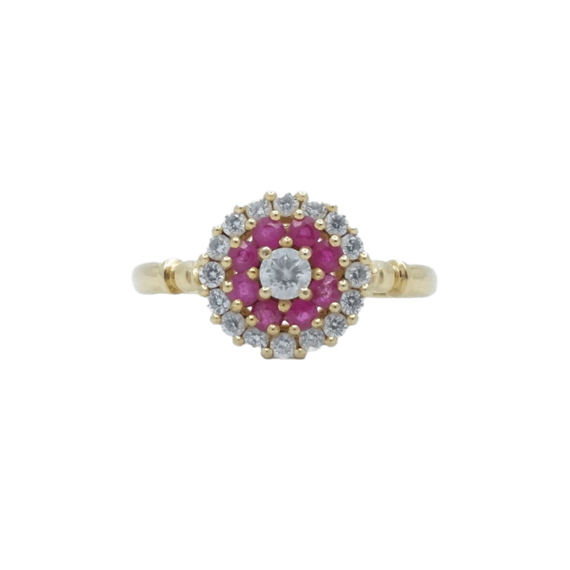 Bague Marguerite en or jaune, rubis, oxydes et diamants