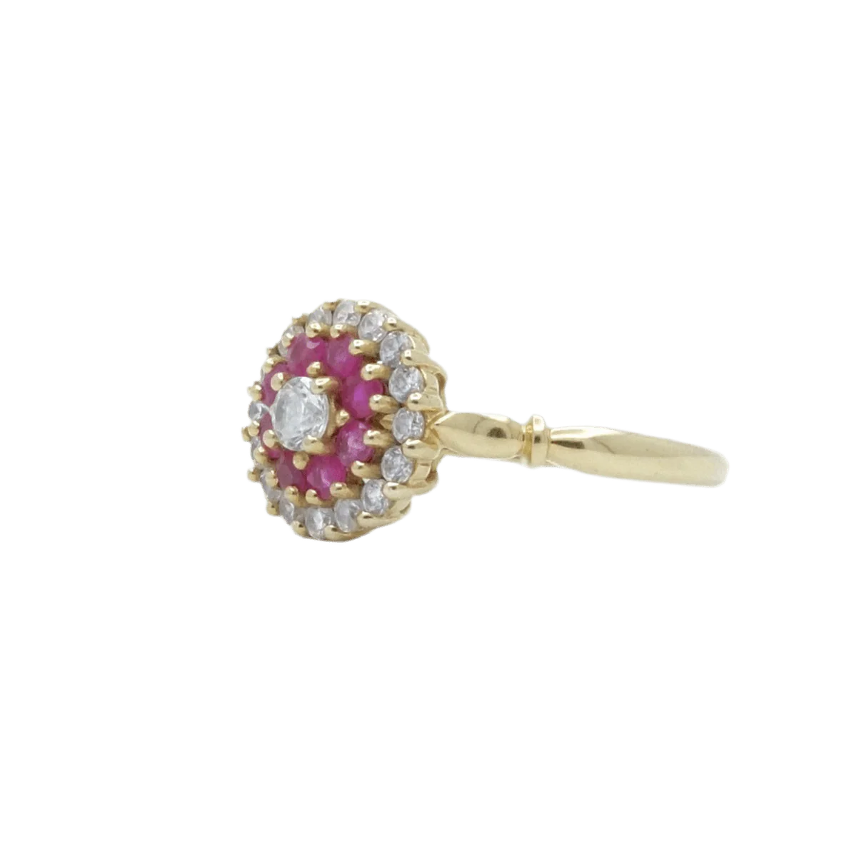 Bague Marguerite en or jaune, rubis, oxydes et diamants - Image 3