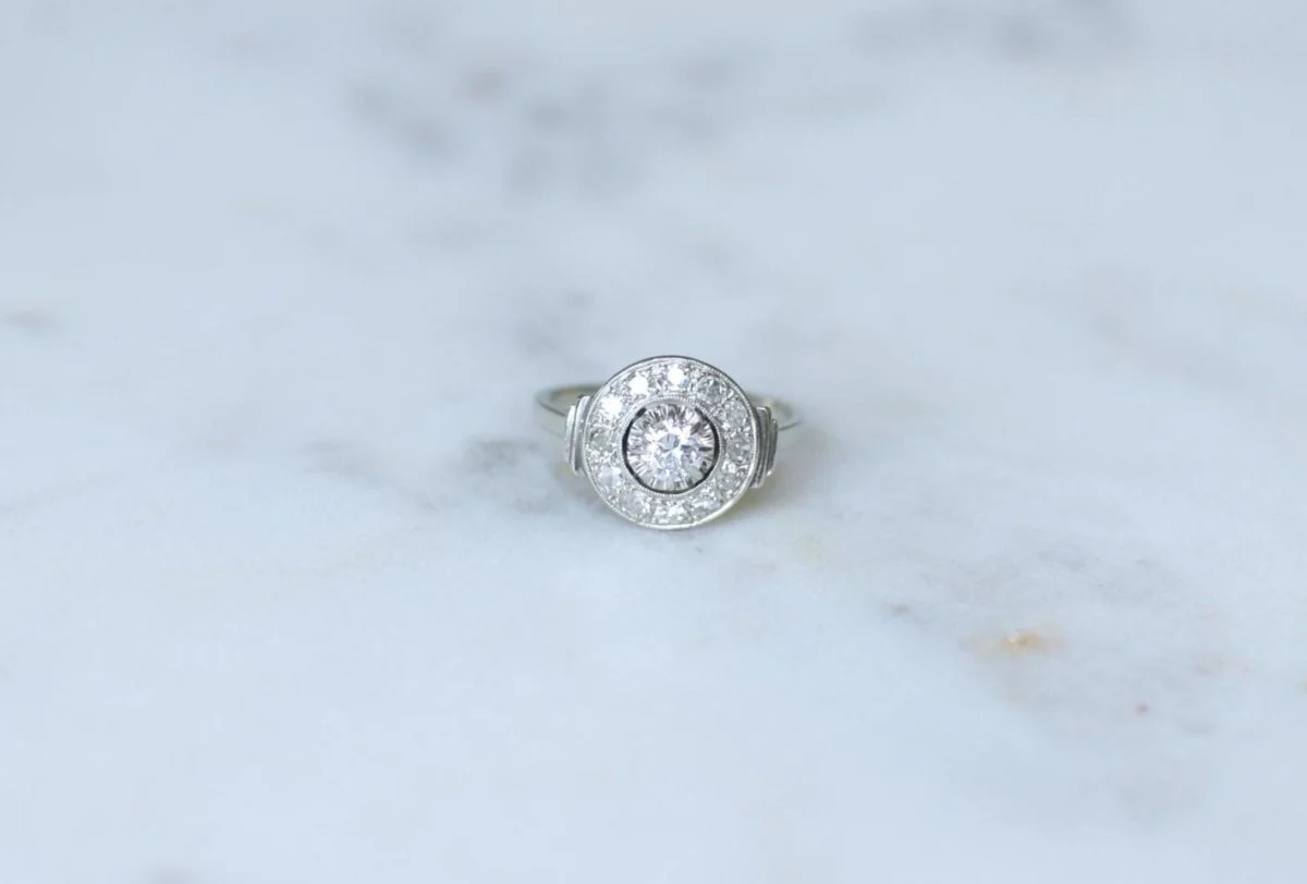 Bague Cible Art Déco Diamants 0,75 Ct sur Or blanc et Platine - Image 3