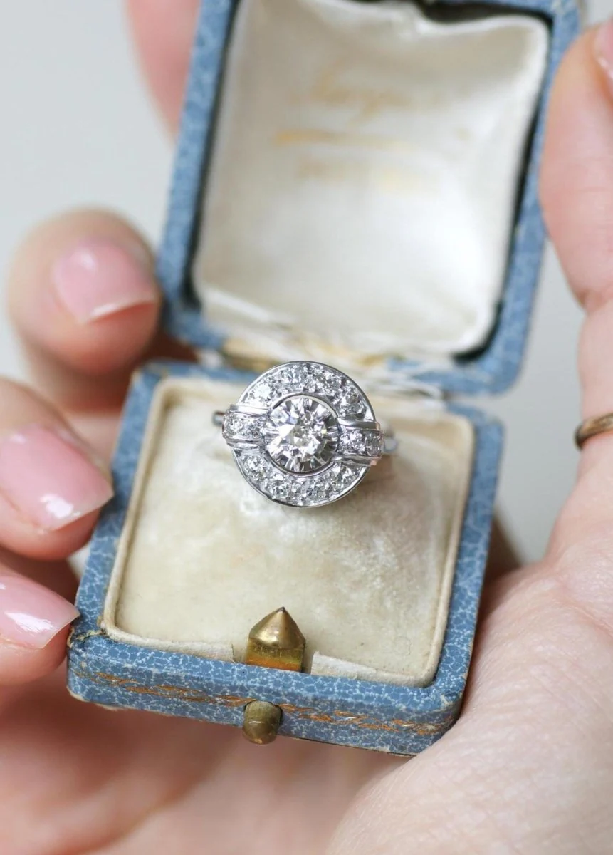 Bague Cible Art Déco Diamants 1,05 Cts sur Or blanc et Platine