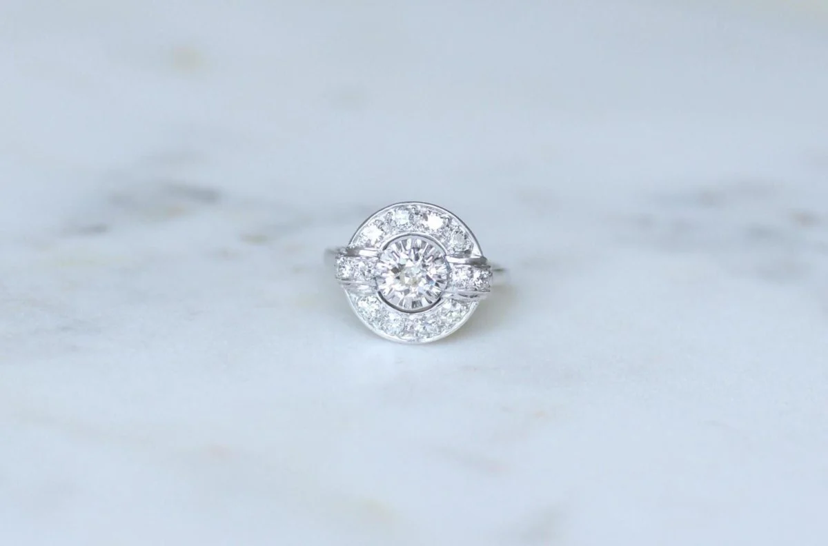 Bague Cible Art Déco Diamants 1,05 Cts sur Or blanc et Platine - Image 2