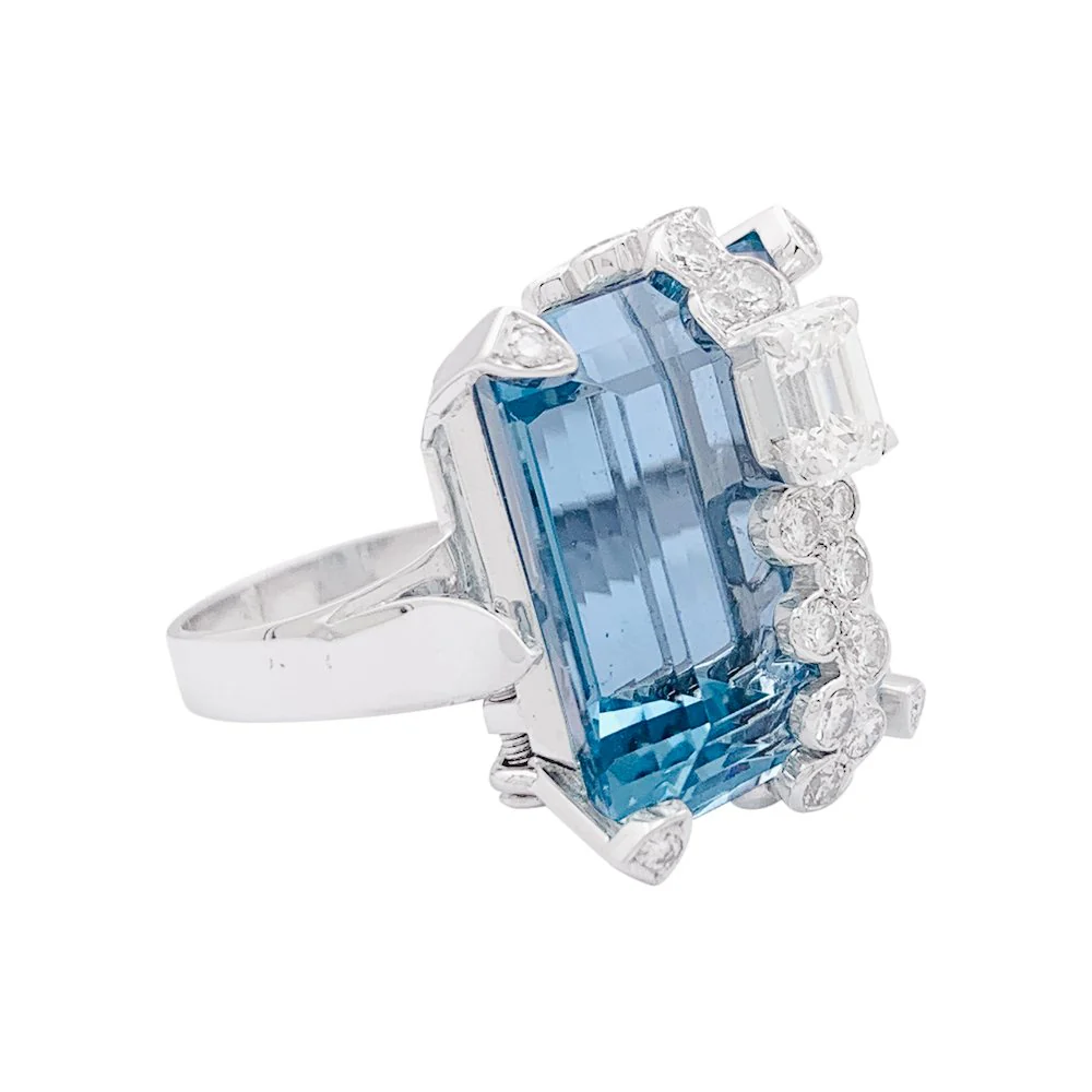 Bague Cocktail en or blanc, aigue-marine et diamants - Image 5