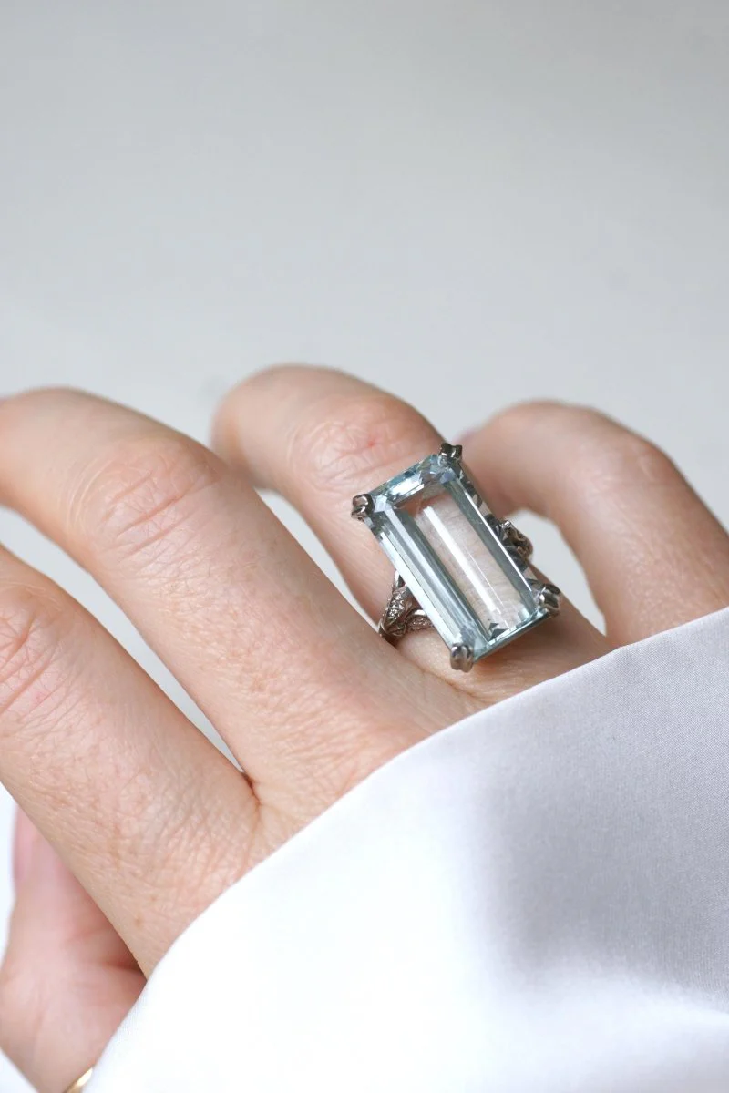 Bague Cocktail Art Déco Aigue Marine & Diamants - Image 11