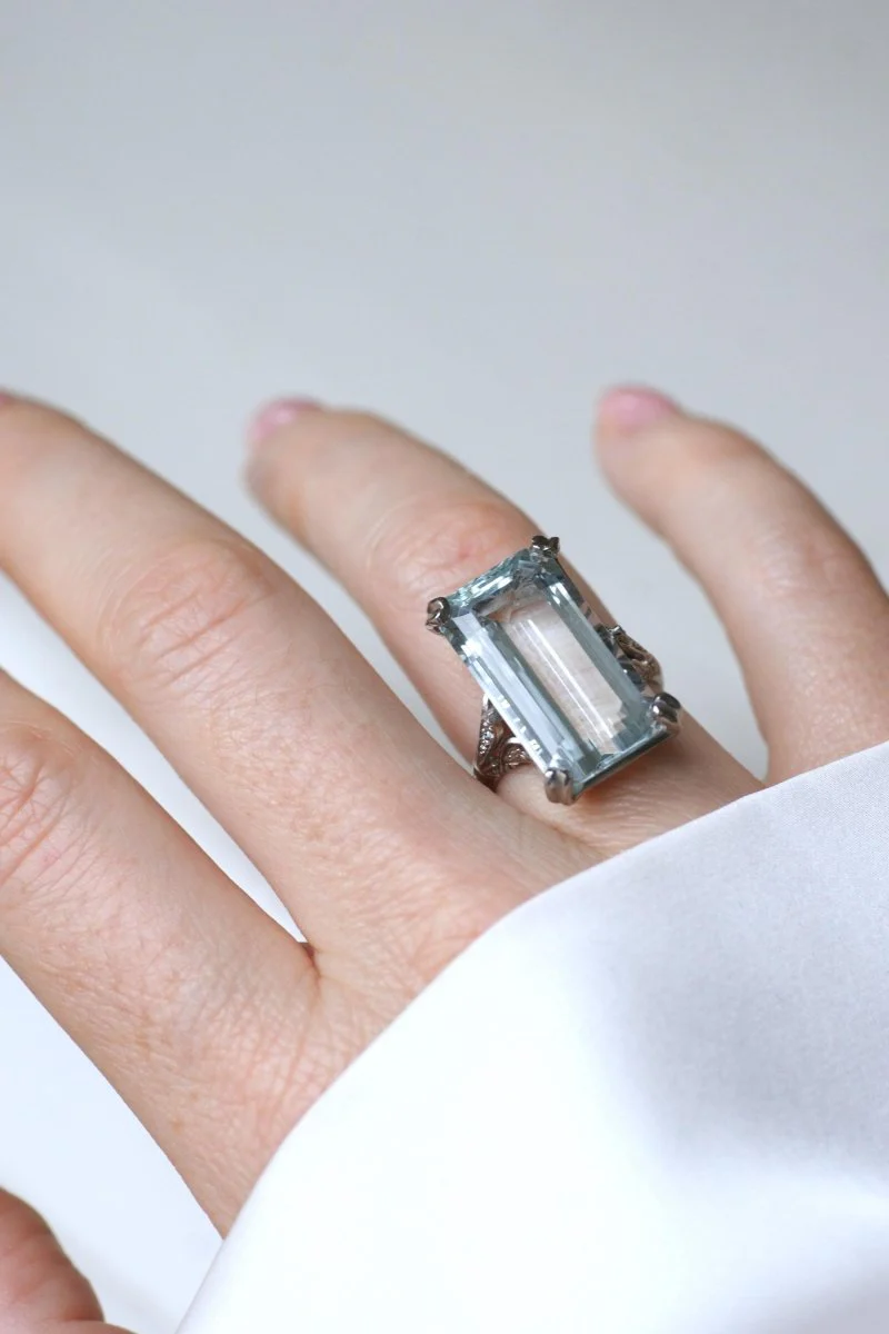 Bague Cocktail Art Déco Aigue Marine & Diamants - Image 13