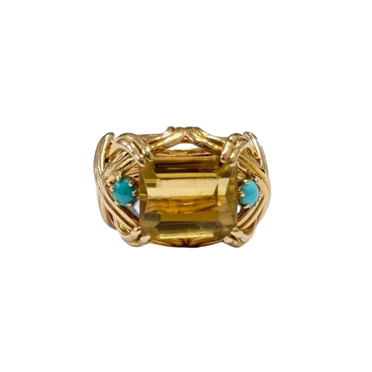Bague Cocktail en or jaune, citrine et turquoises