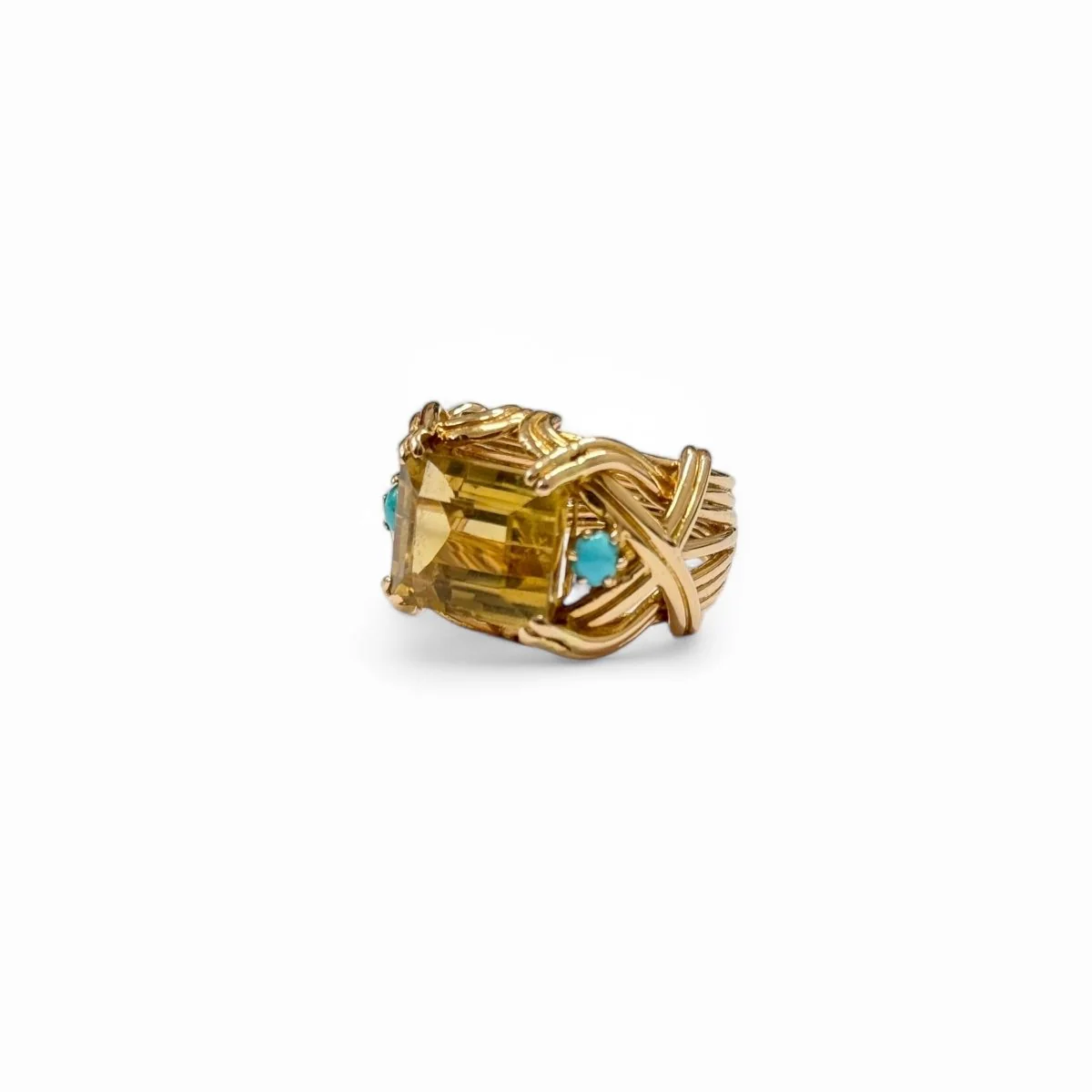 Bague Cocktail en or jaune, citrine et turquoises - Image 3