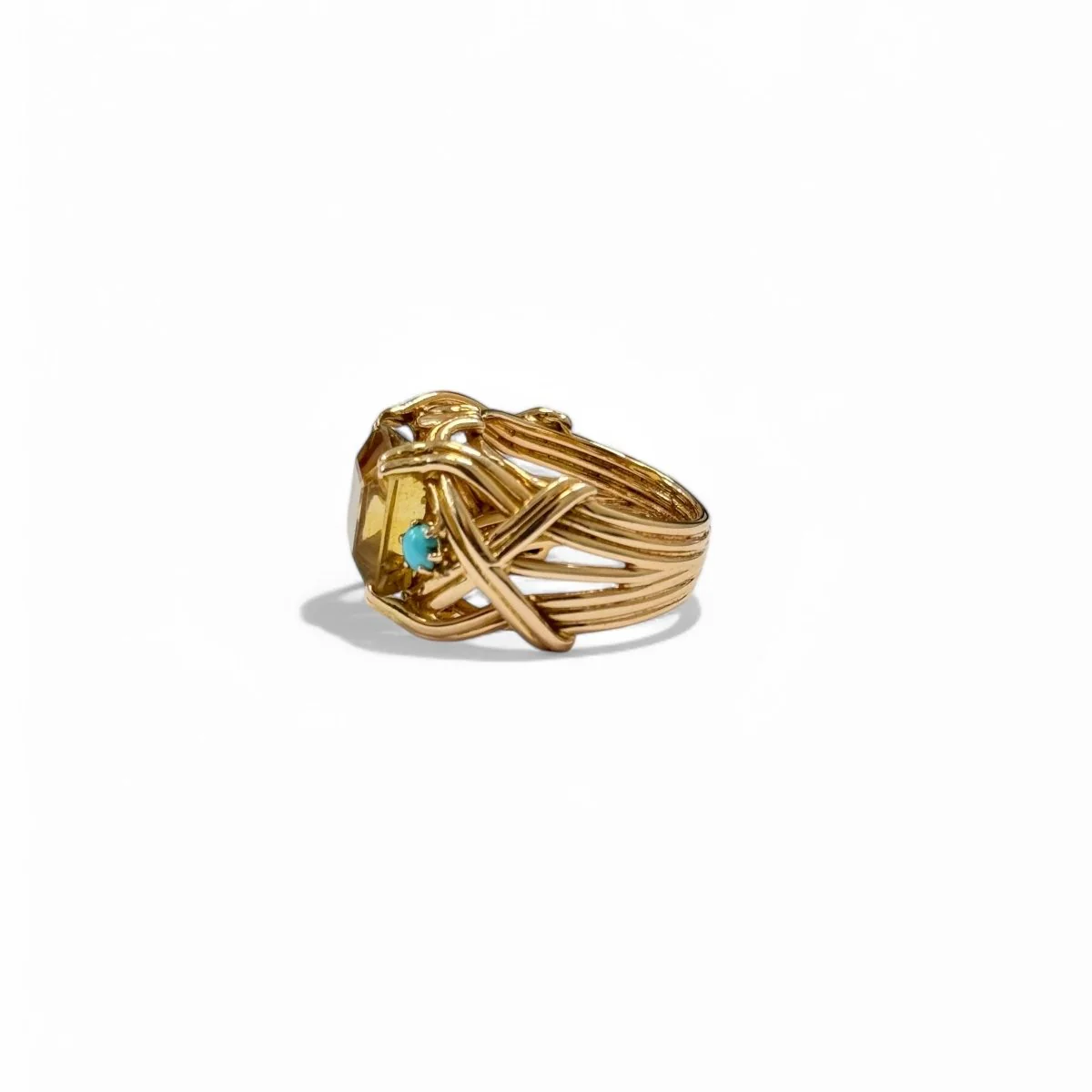 Bague Cocktail en or jaune, citrine et turquoises - Image 5