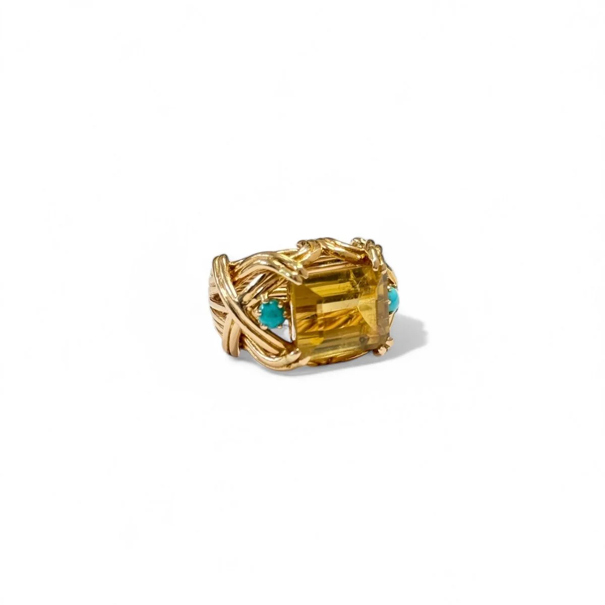 Bague Cocktail en or jaune, citrine et turquoises - Image 6